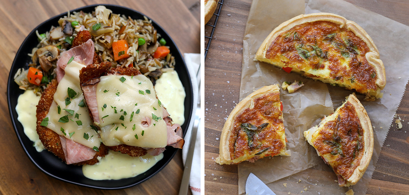 Plate of shaved Beeler's ham and country quiche