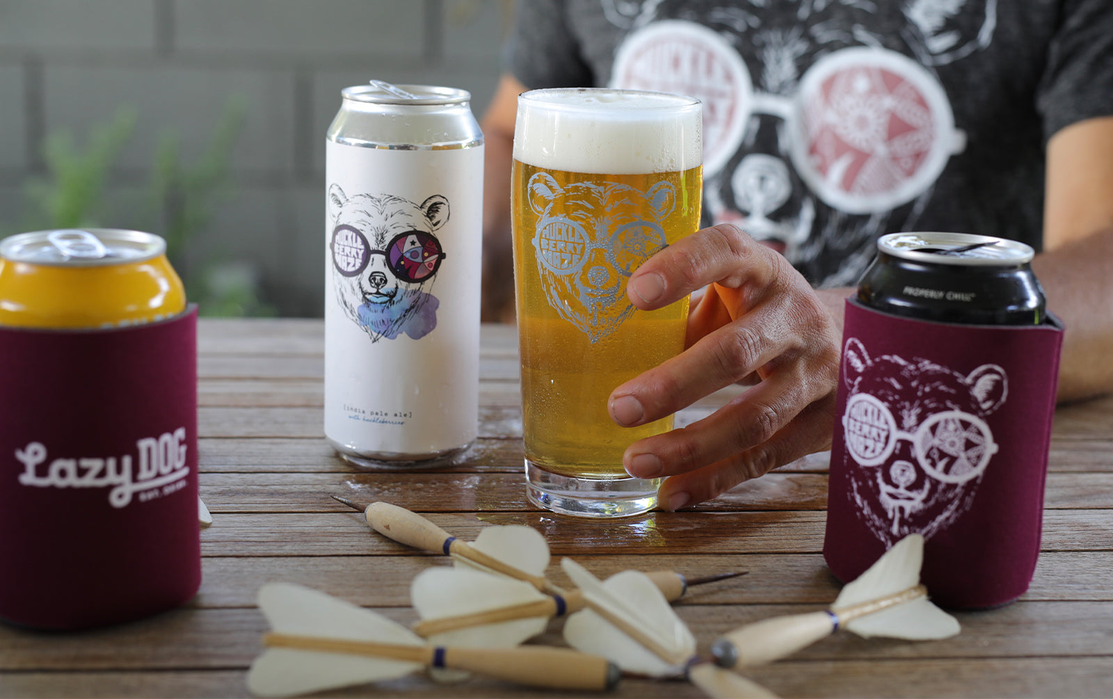 Lazy Dog Beer Club merchandise on a table