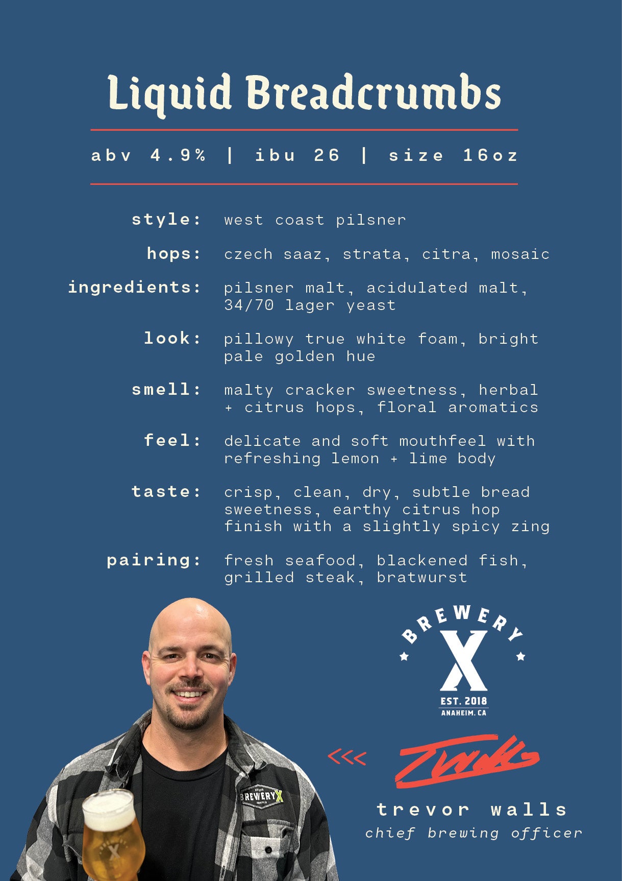 Liquid Breadcrumbs, a West Coast pilsner from Brewery X in Anaheim, CA.