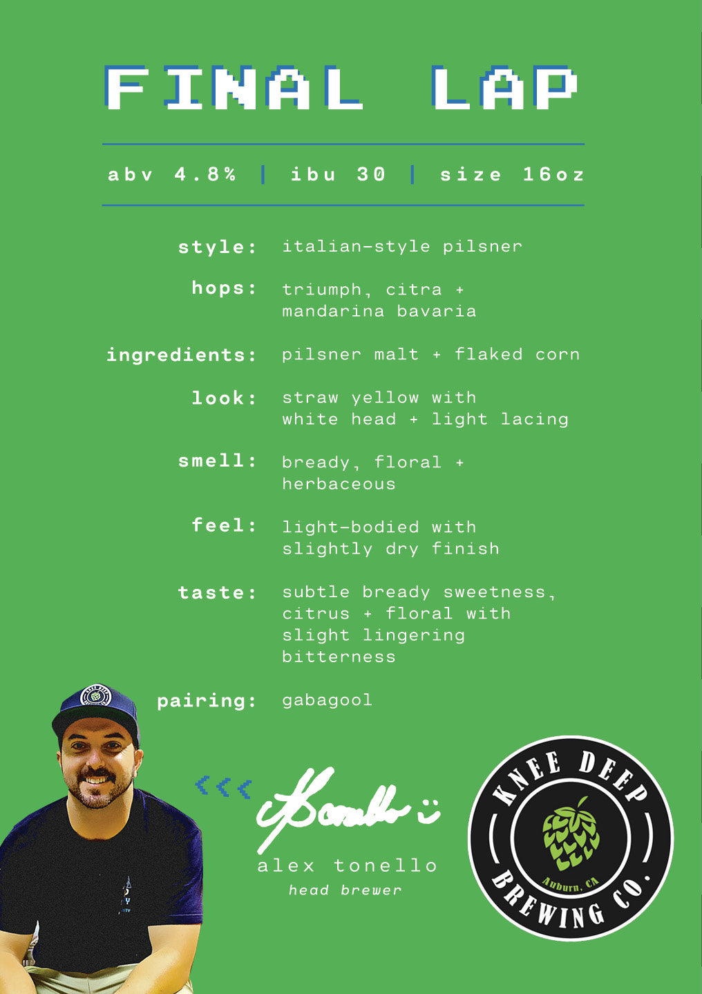 Final Lap Italian Pilsner by Knee Deep Brewing Co.