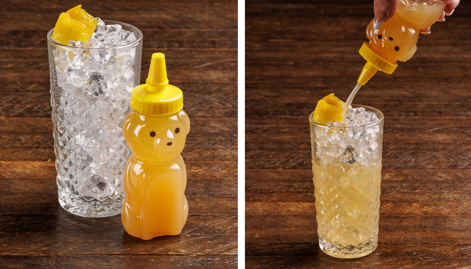 Bottle of Honey and glass of ice