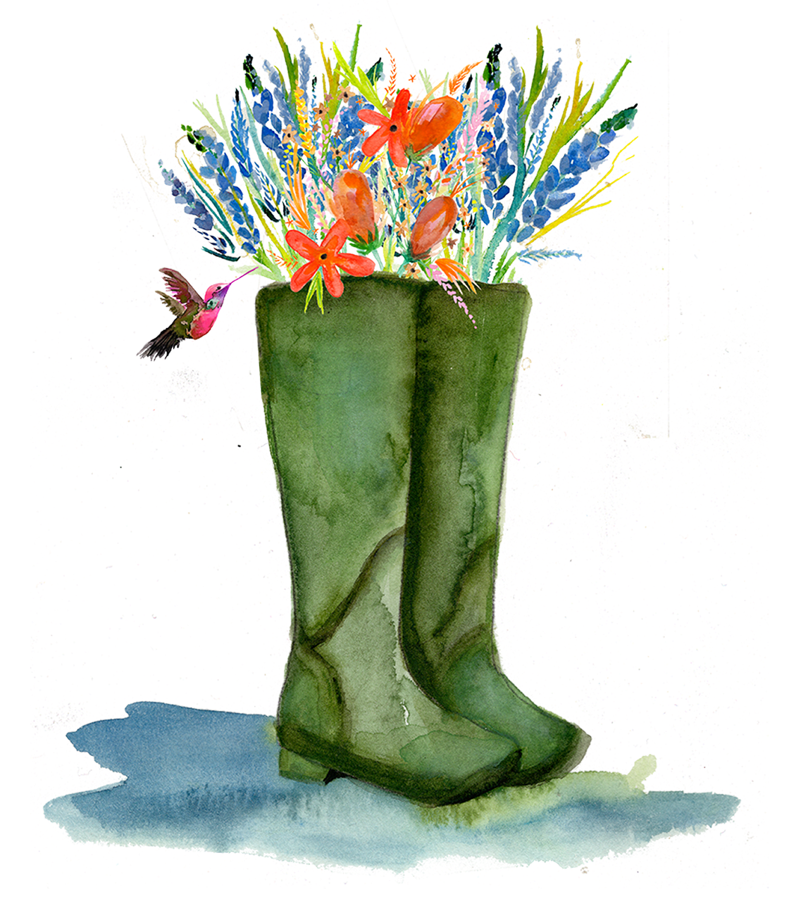 Green boot with colorful flowers and a hummingbird on a white background